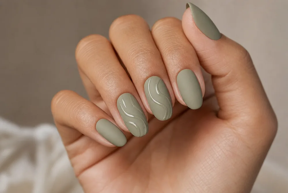 matte nails with glossy clear swirl detail