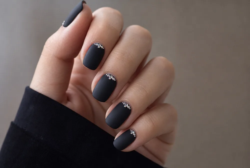 matte nails with rhinestone cluster detail