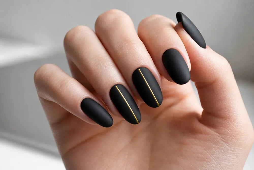 matte nails with thin gold line accent