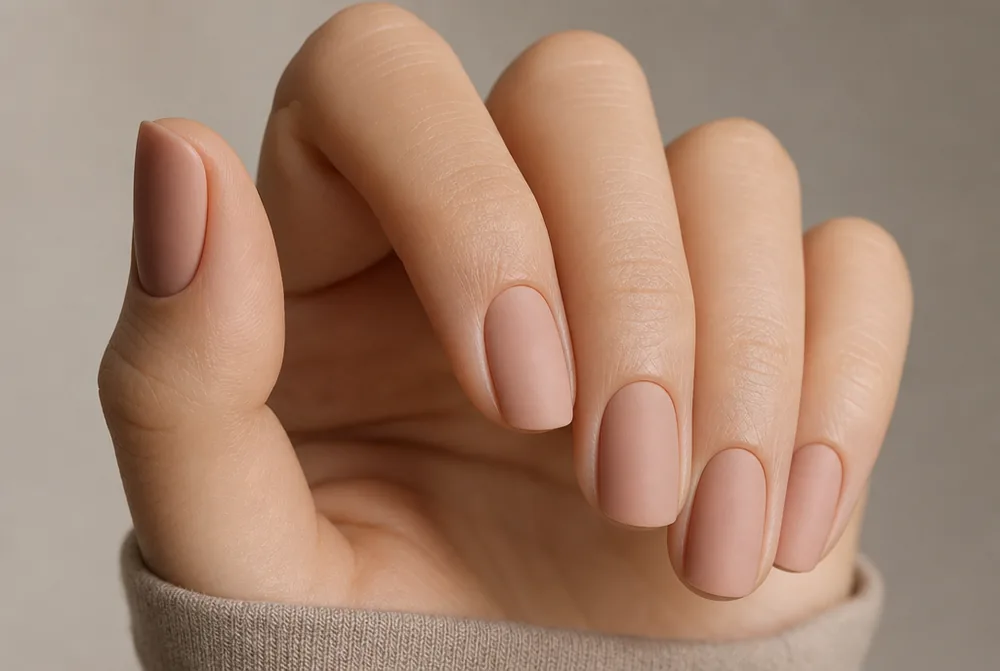 matte nude nails with velvet finish