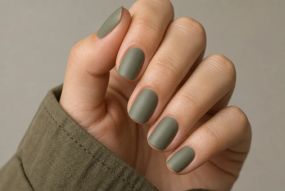 matte olive green nails on short almond