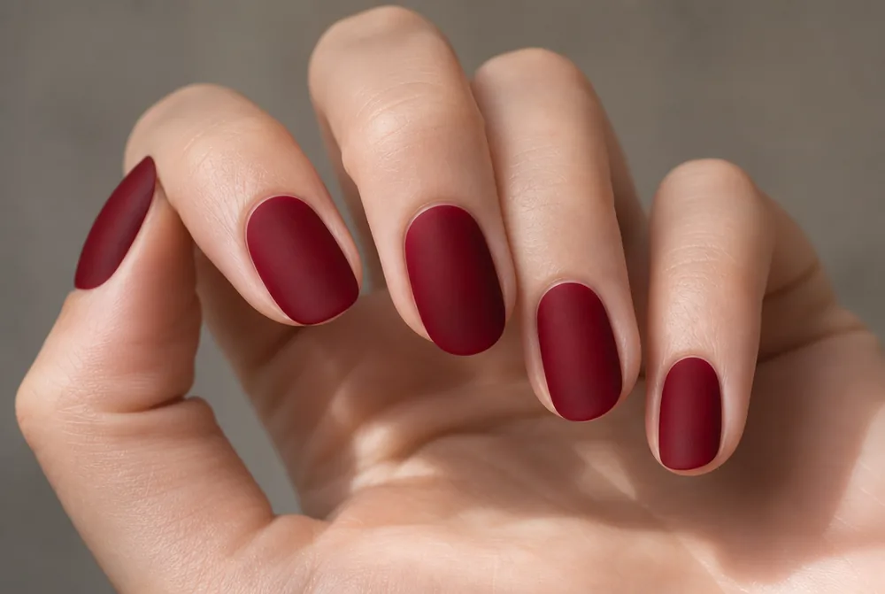 matte red nails with velvet finish