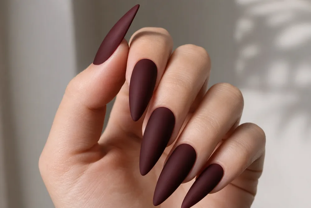 matte stiletto nails in a deep shade