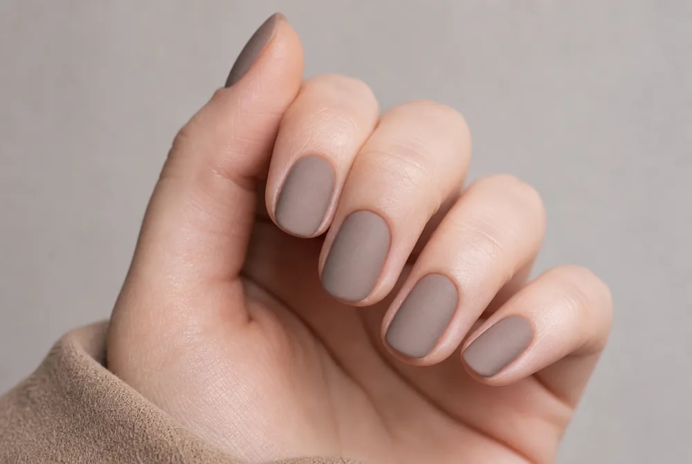 matte taupe suede nails on medium length