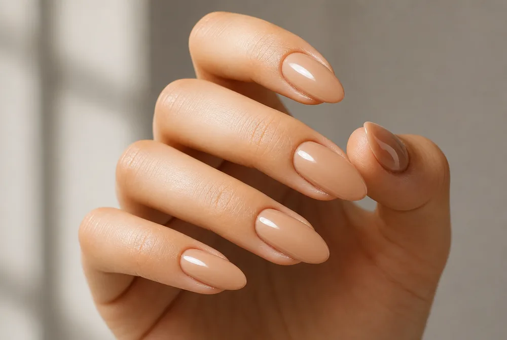 medium length almond nude nails with glossy finish