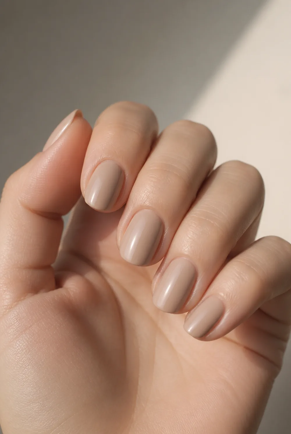 medium almond nude nail art on fair skin, short length