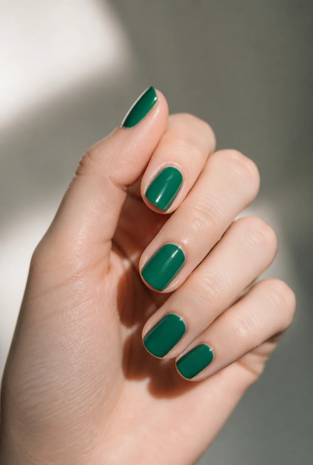 medium emerald nail art on fair skin, short length