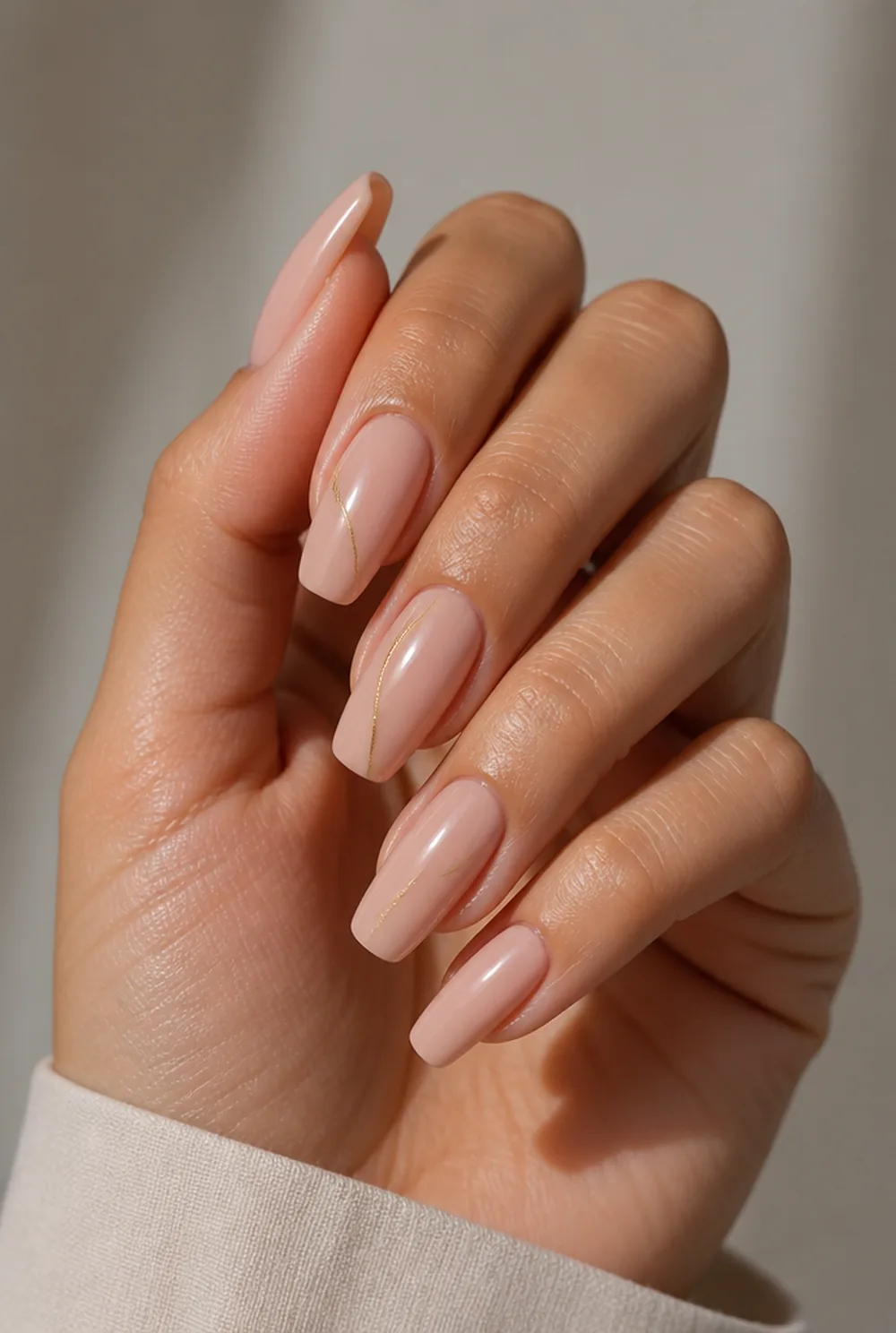 medium with gold line nail art on olive skin, long length
