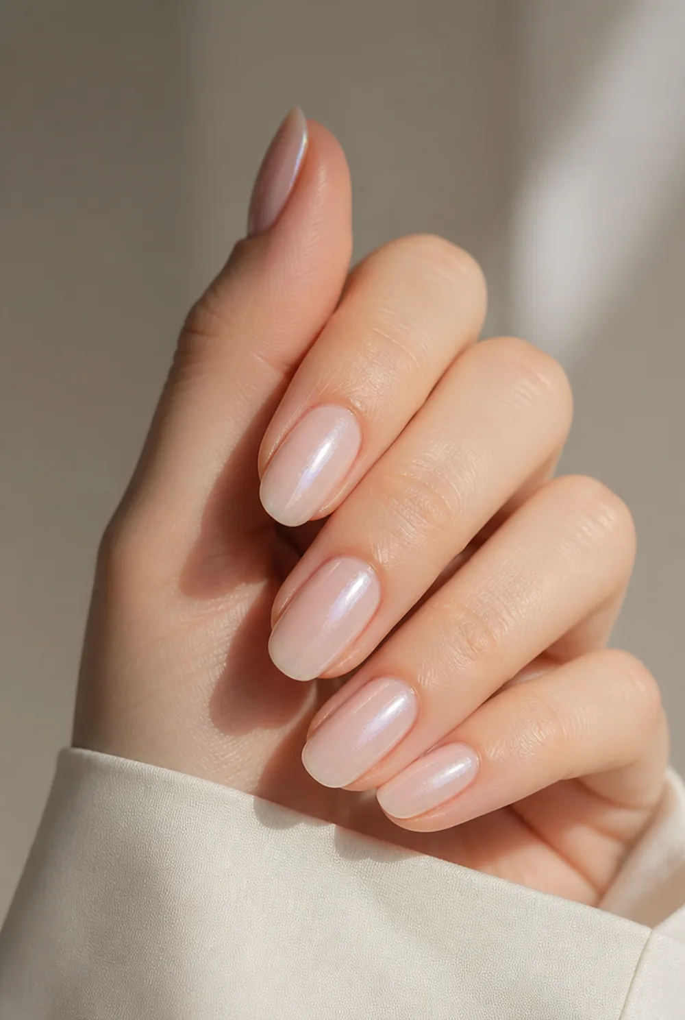 medium glazed pearl nail art on fair skin, short length