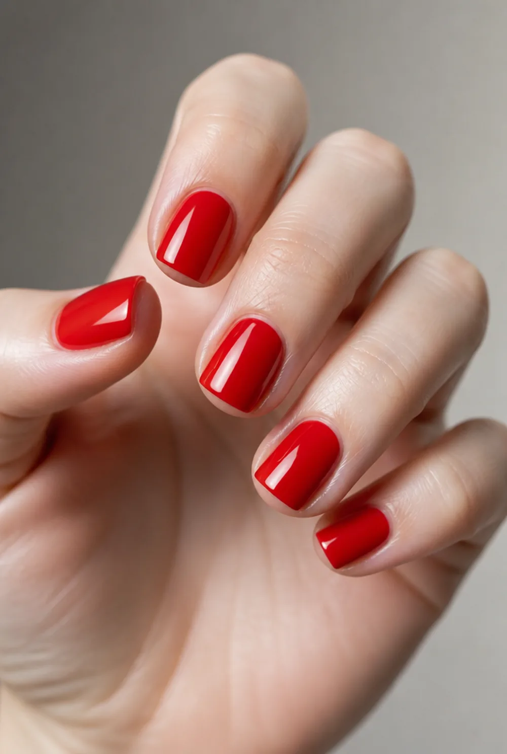 medium square red nail art on fair skin, short length