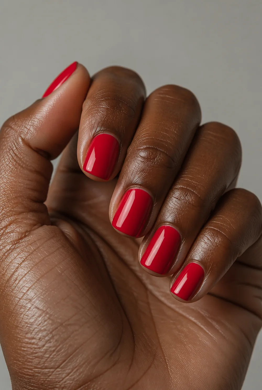 medium square red nail art on deep brown skin