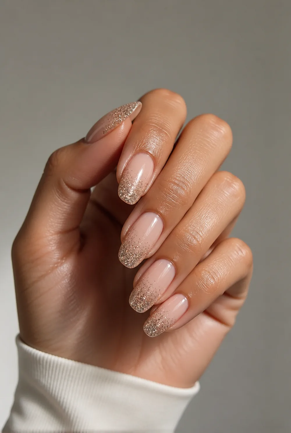 medium glitter tip nail art on olive skin, long length