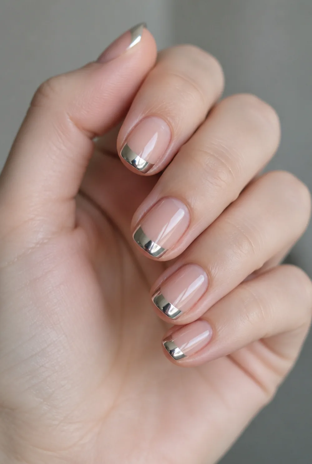 medium chrome tips nail art on fair skin, short length