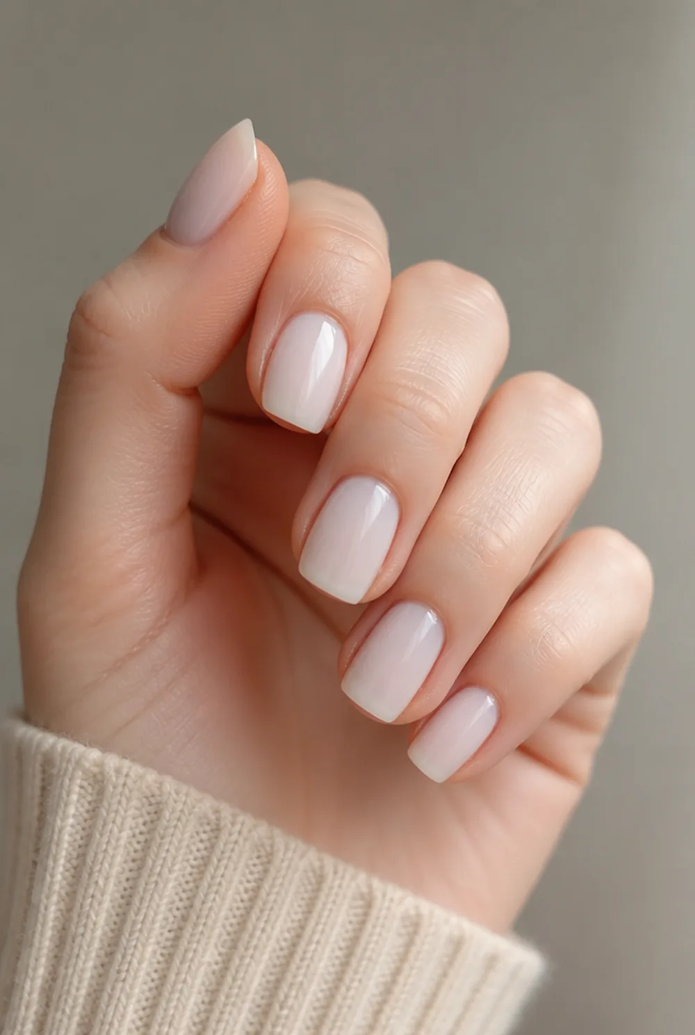 medium square milky white nail art on fair skin, short length