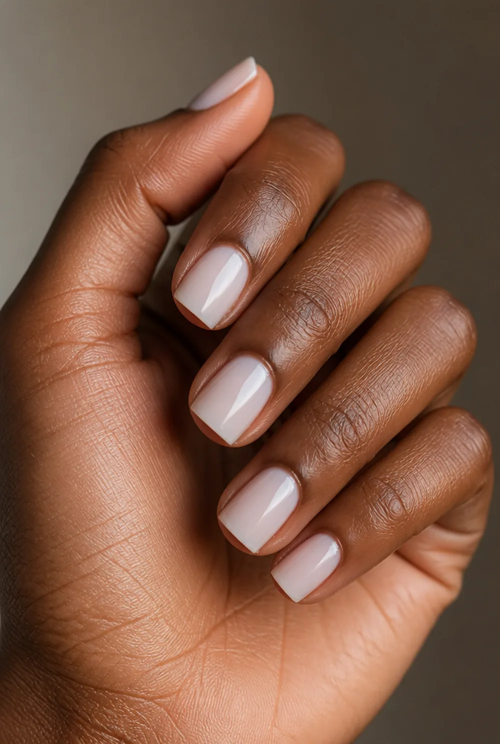 medium square milky white nail art on deep brown skin