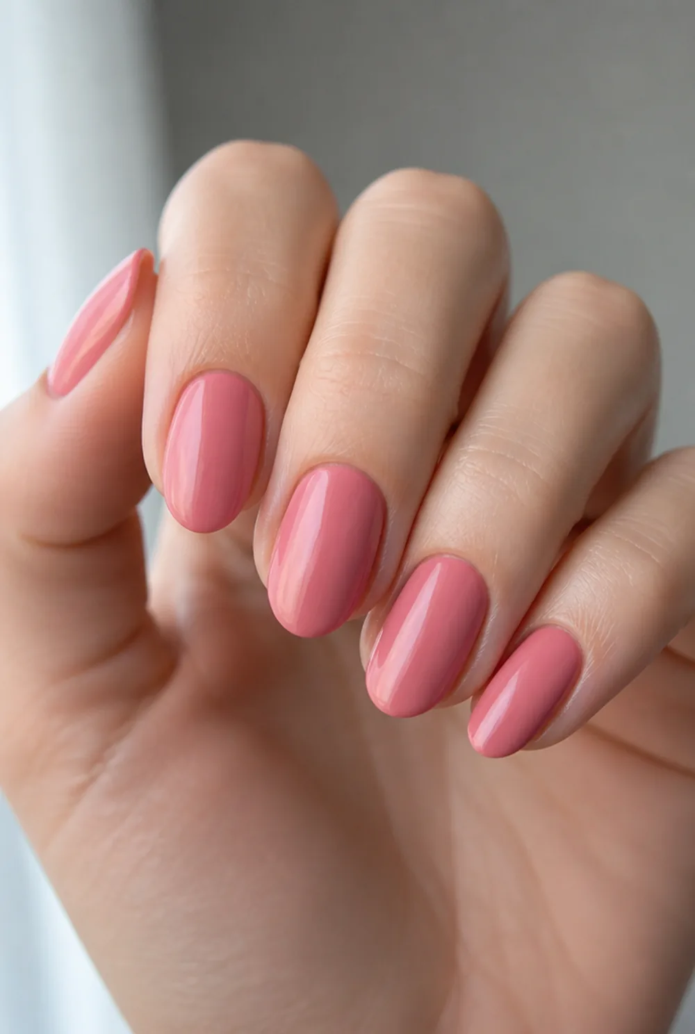 medium pink gloss nail art on fair skin, short length