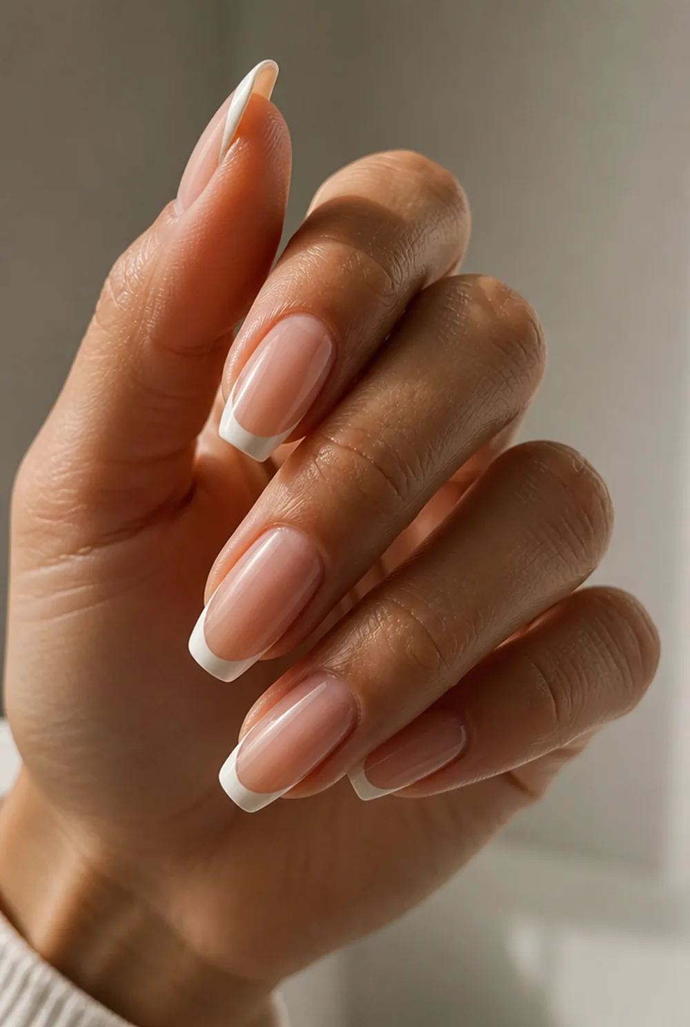 medium french tip nail art on olive skin, long length