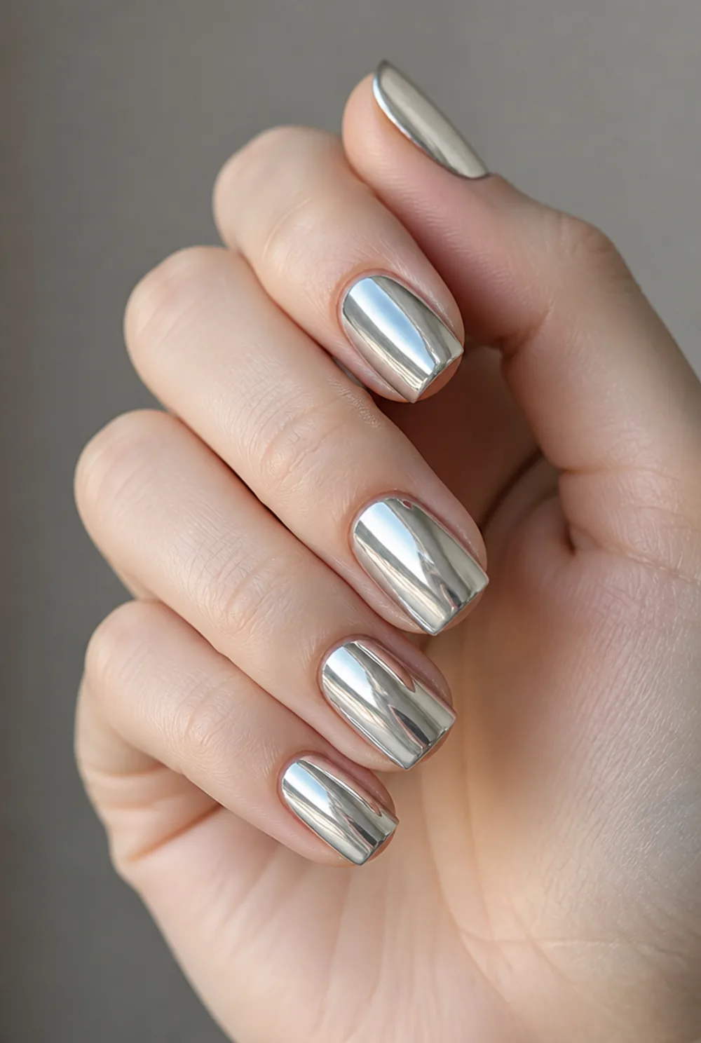 medium chrome nail art on fair skin, short length