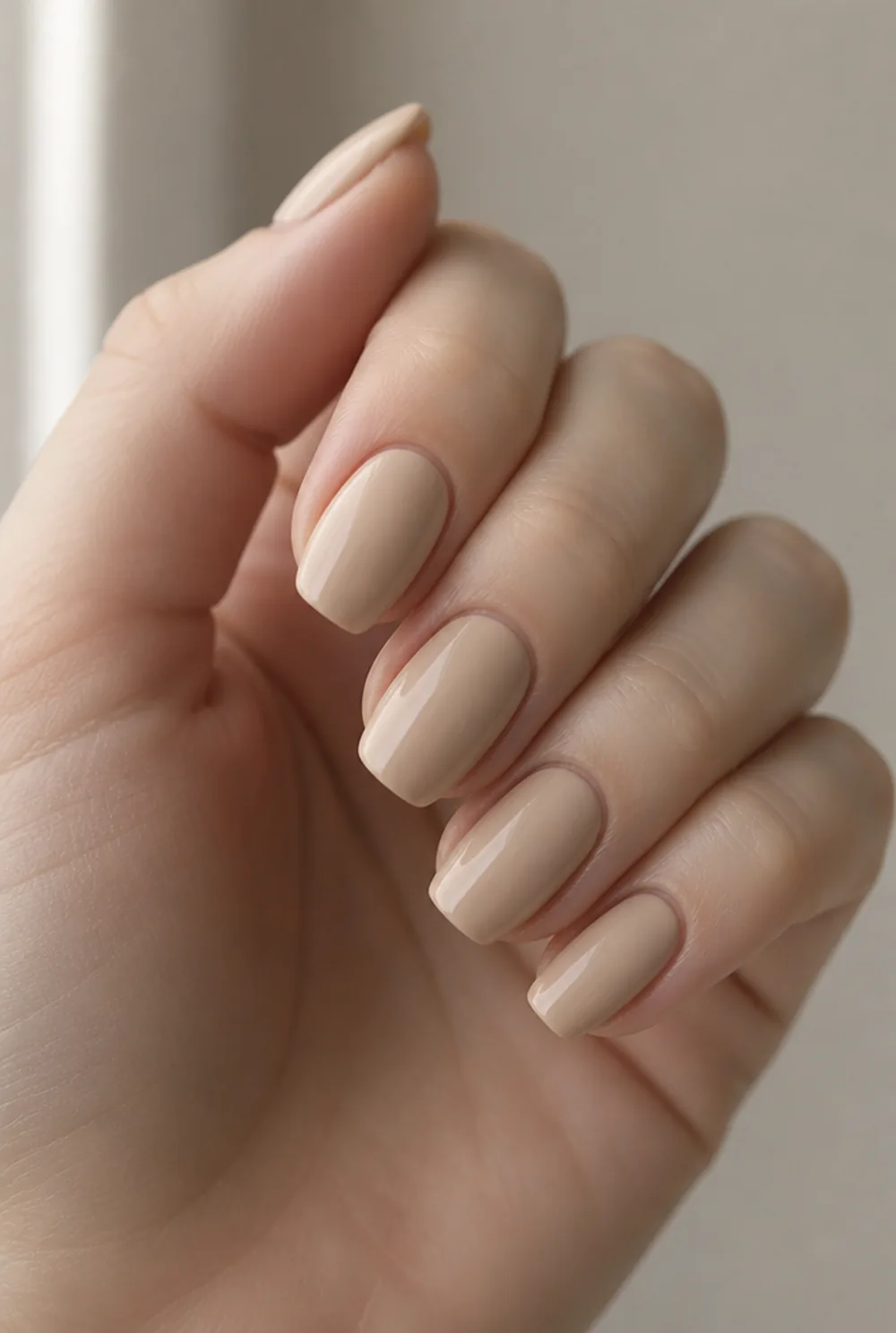 medium coffin nude nail art on fair skin, short length