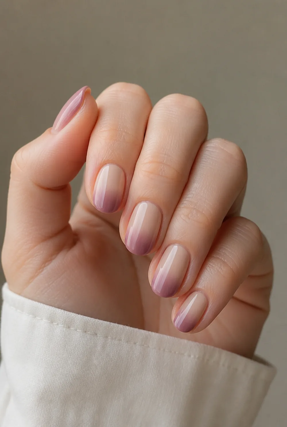 medium ombre fade nail art on fair skin, short length