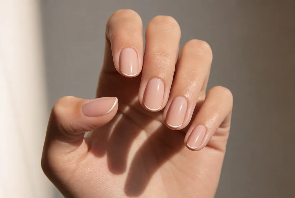 micro french oval nails on nude base