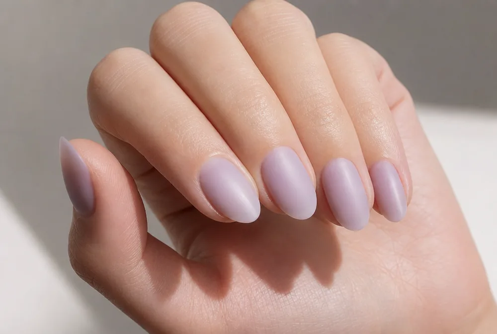 milky lilac nails on short almond shape