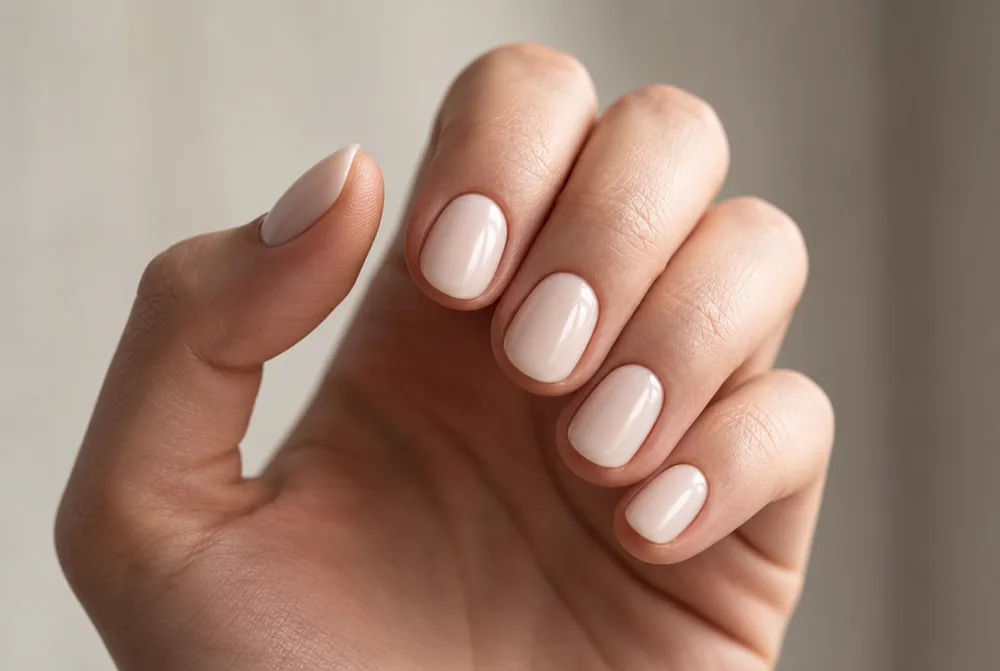 milky nude blend nails on short round nails