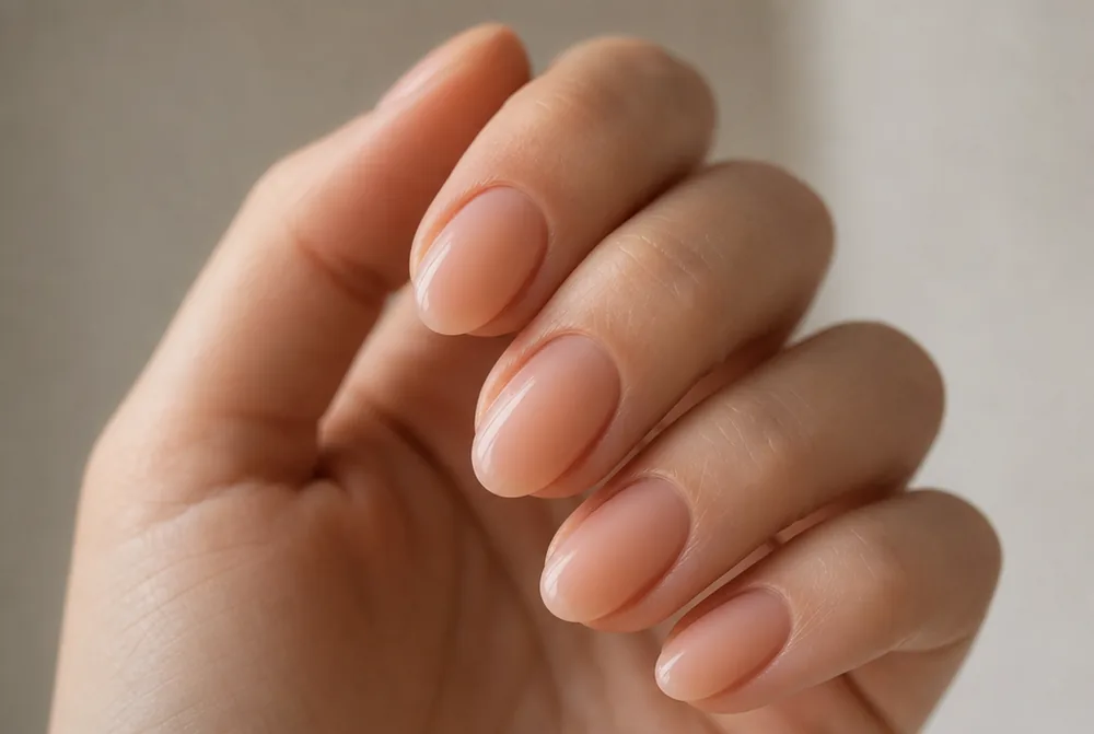 milky peach nails on short almond shape