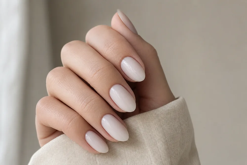 milky white January nails on short almond