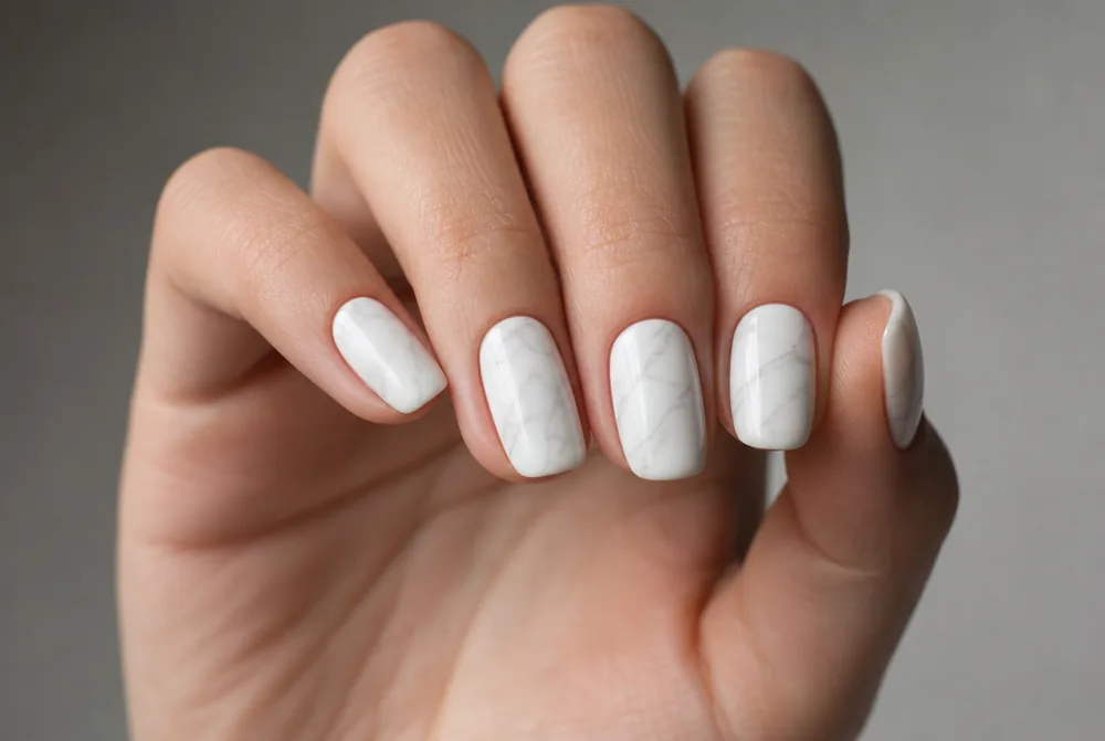 milky white marble nails with soft gray veining
