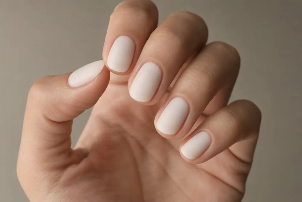 milky white matte nails on medium almond