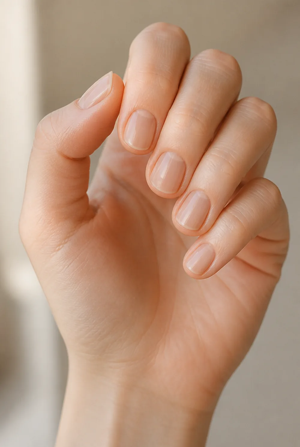 milky nude blend nail art on fair skin, short length