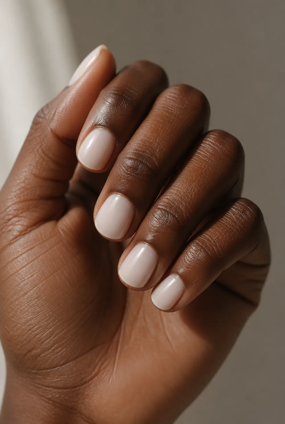 milky white square short nail art on deep brown skin
