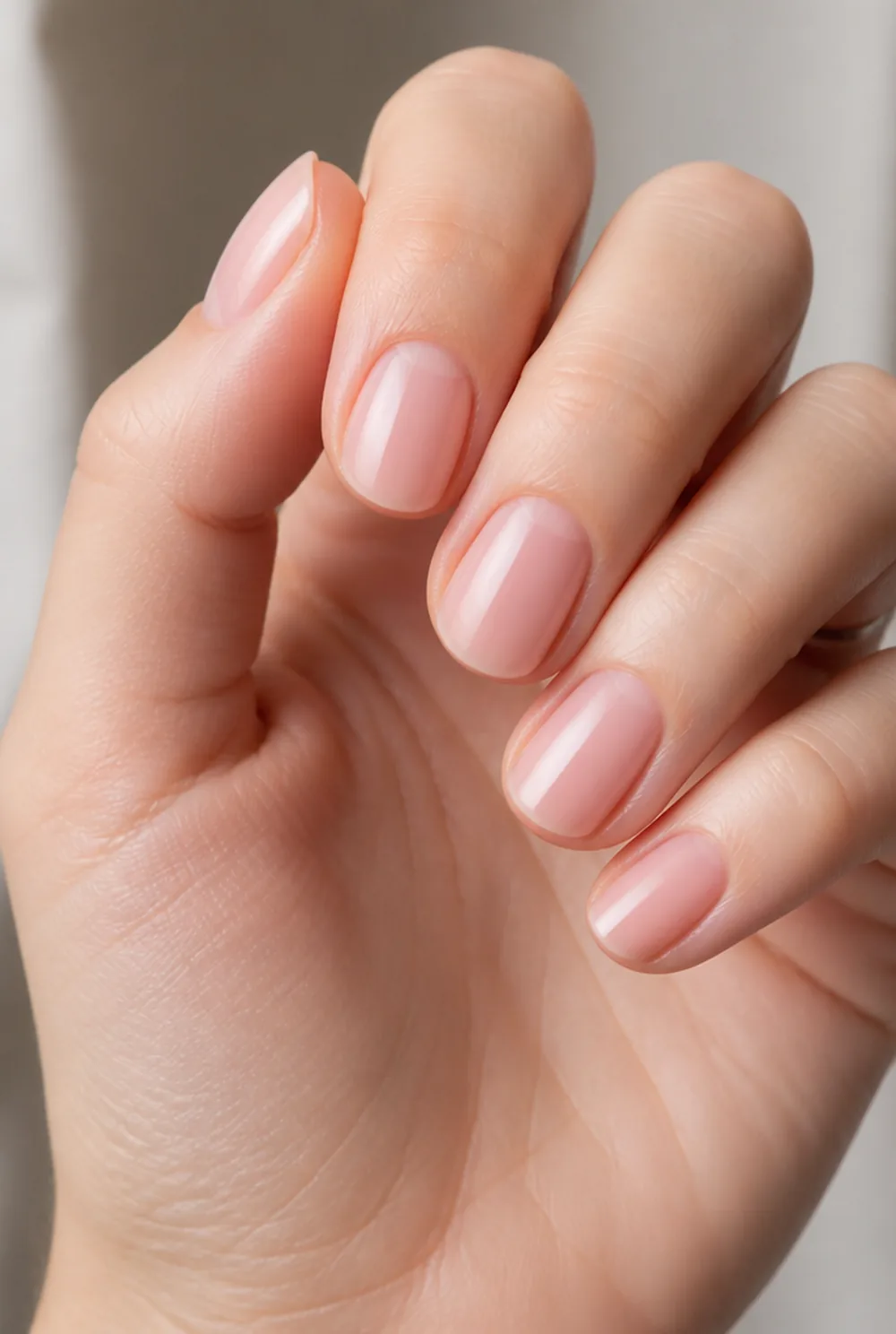 milky pink nail art on fair skin, short length