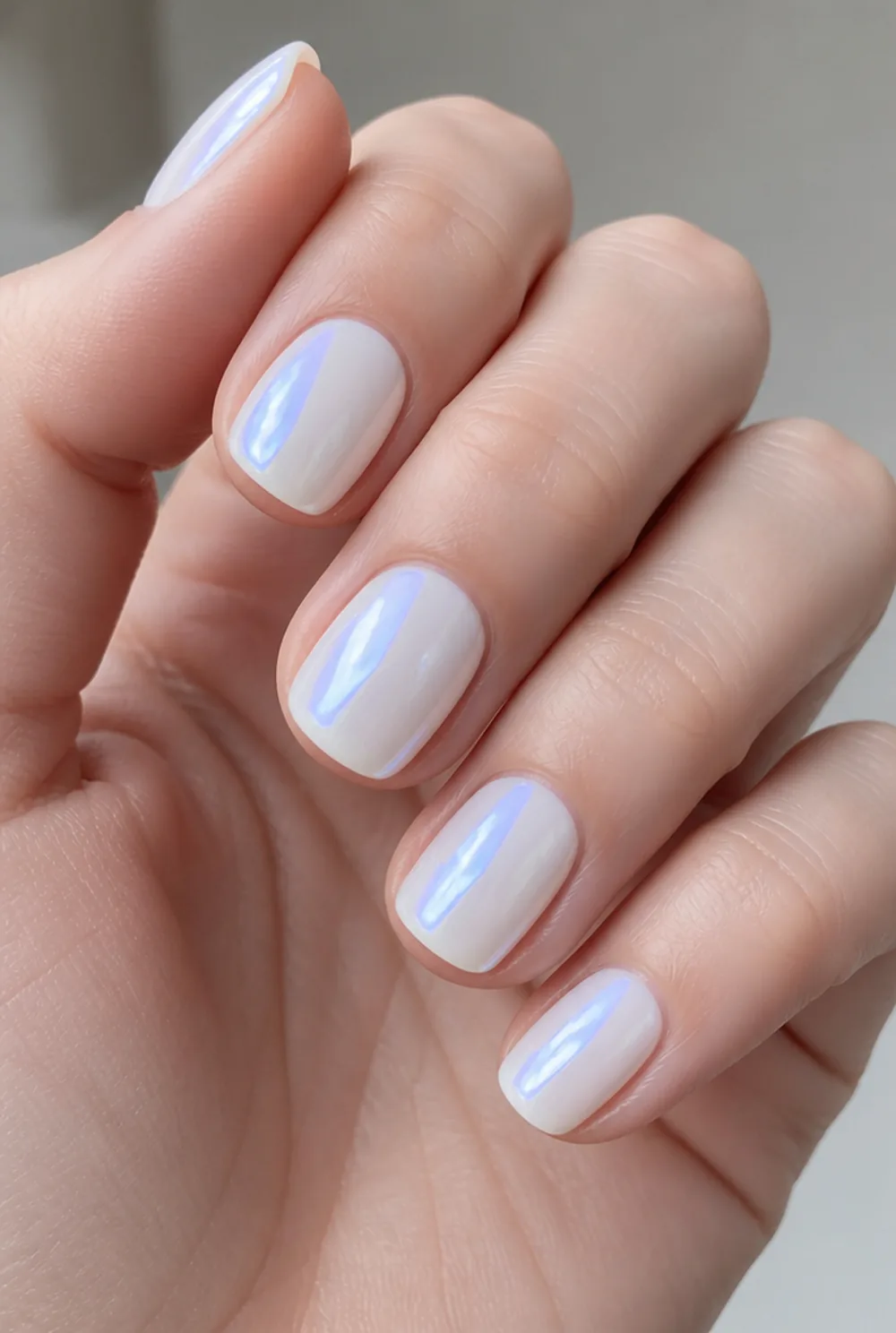 pearl glazed milky nail art on fair skin, short length