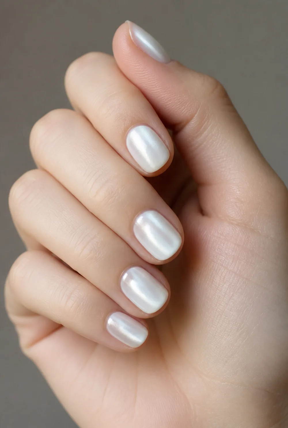 milky white cat eye nail art on fair skin, short length