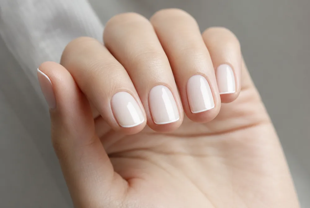 milky white nails with micro thin French tip