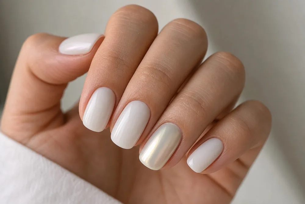 milky white nails with one chrome accent finger