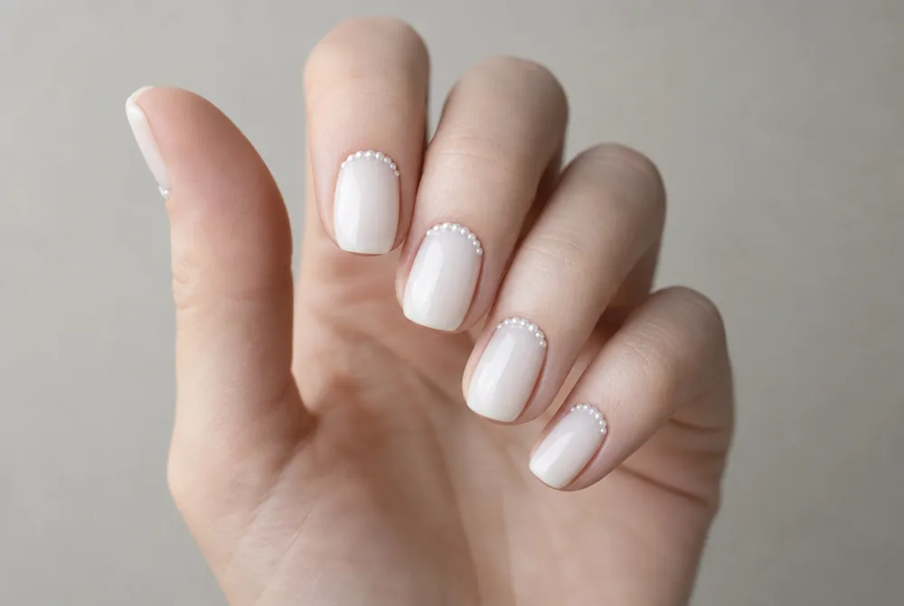 milky white nails with pearl bead cuticle detail