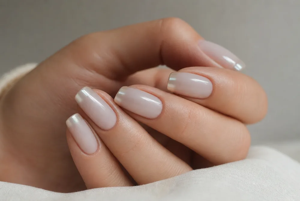 milky white nails with pearl chrome tip detail