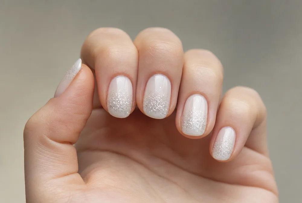 milky white nails with silver glitter tip