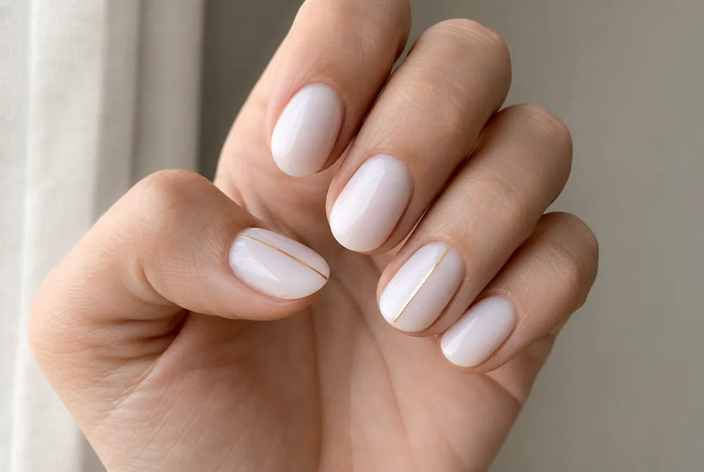 milky white nails with thin gold line accent