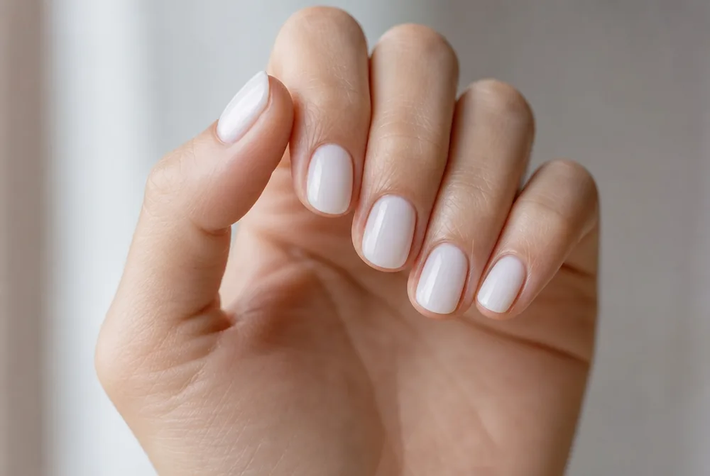 milky white oval nails on short nails