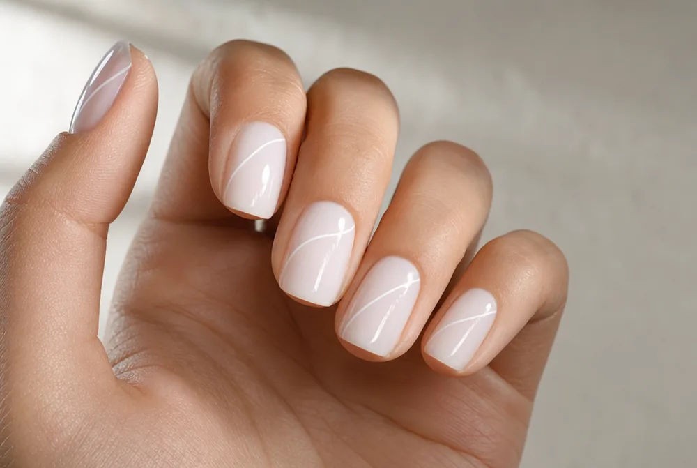 milky white swirl nail art on soft white base