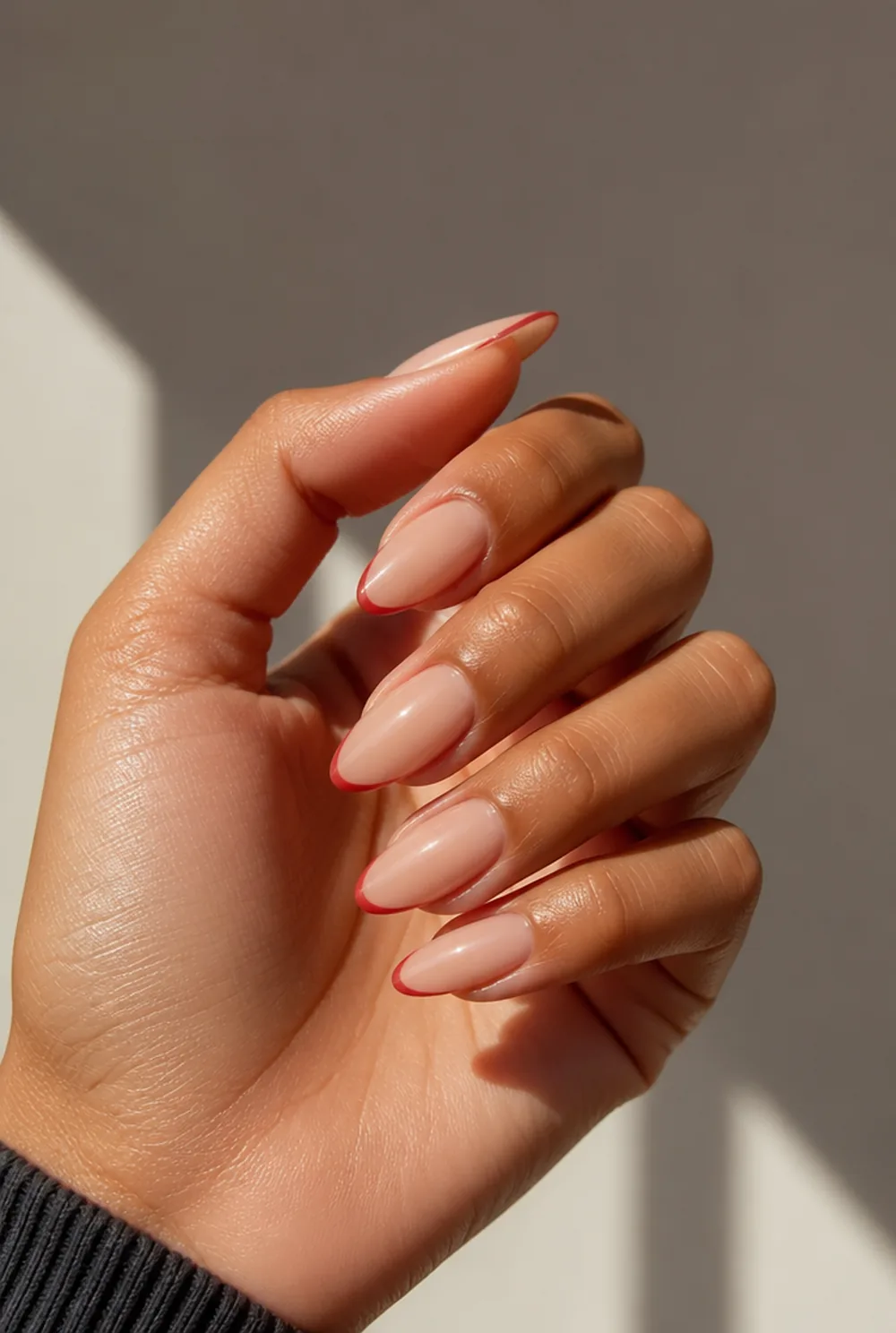 micro french in colour nail art on olive skin, long length