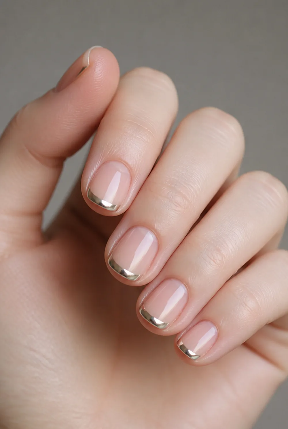 chrome tip only nail art on fair skin, short length