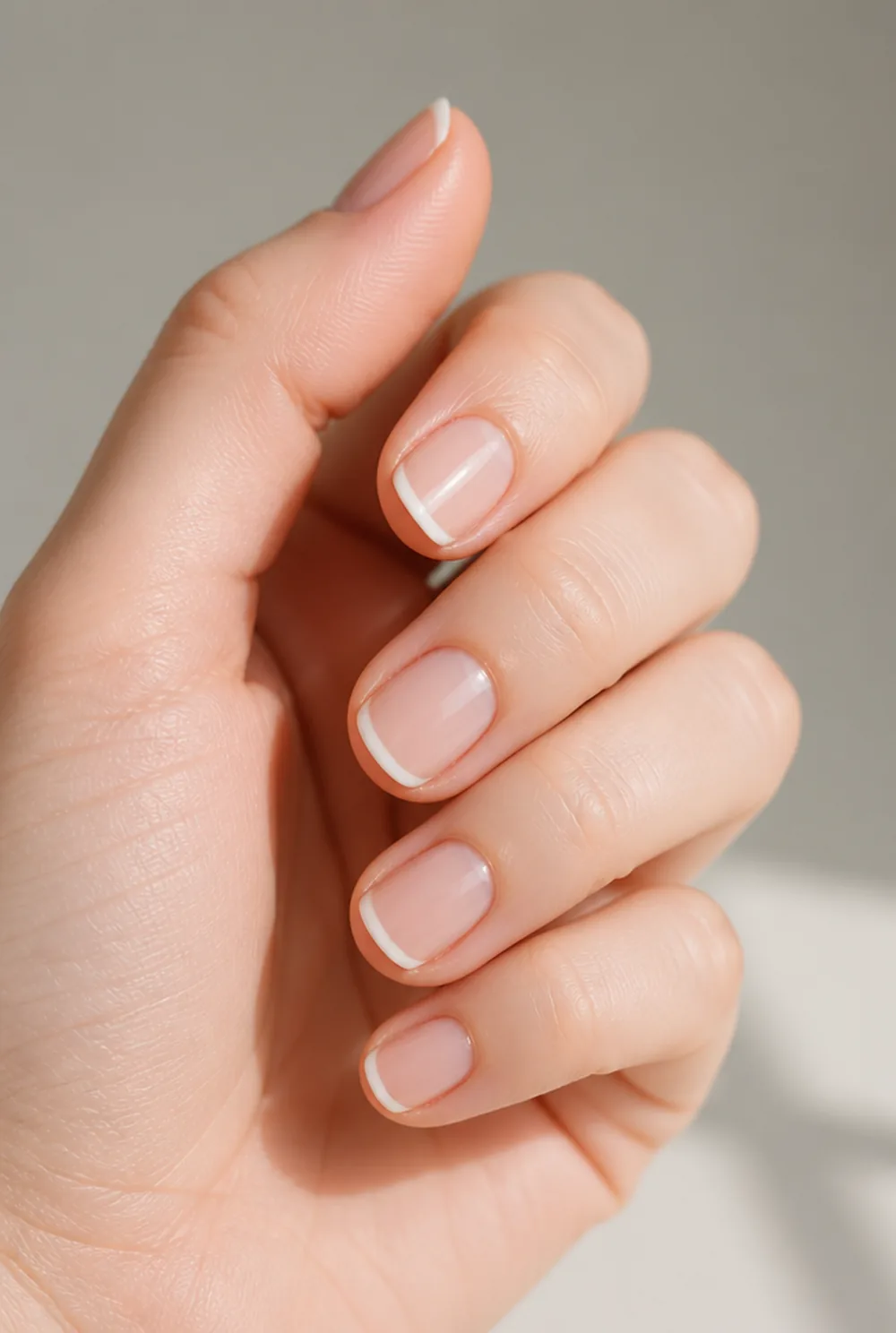 micro french nail art on fair skin, short length