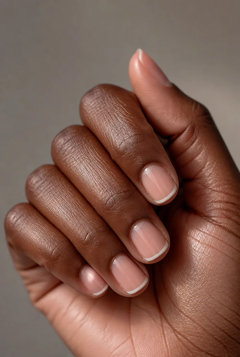 micro french nail art on deep brown skin