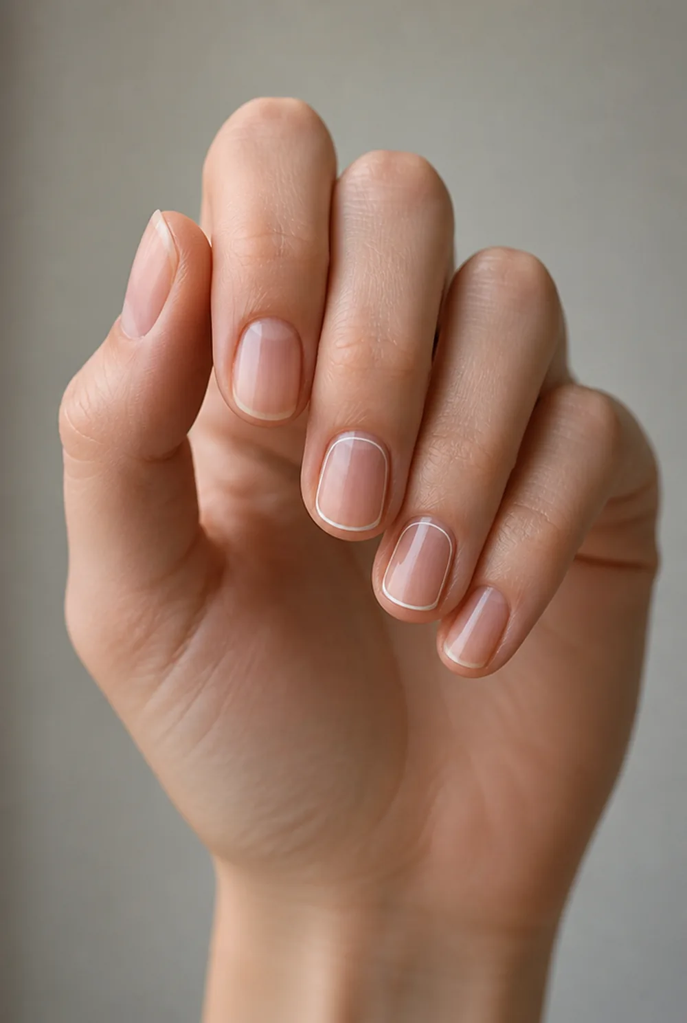 outline french nail art on fair skin, short length