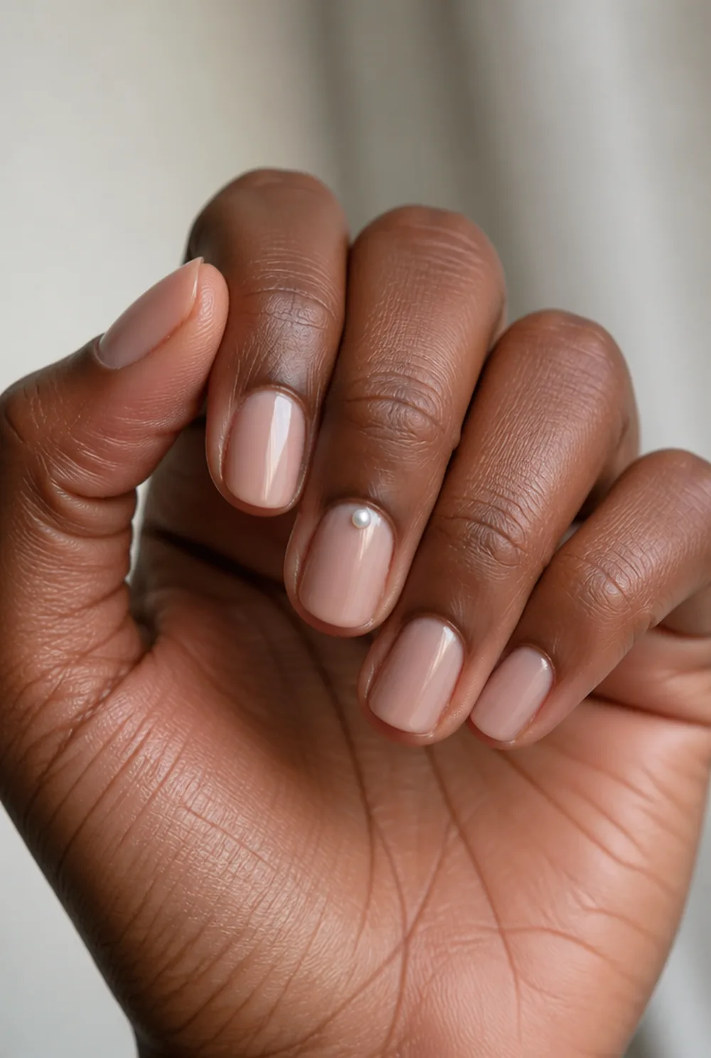 single pearl nail art on deep brown skin